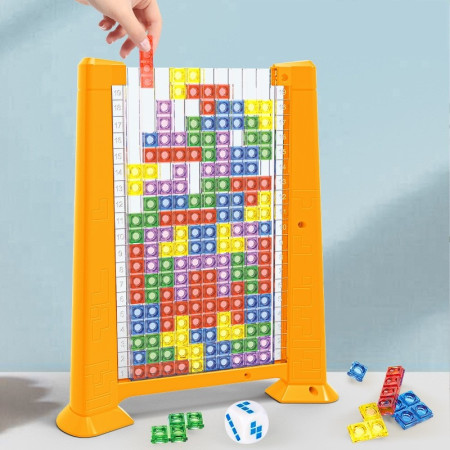 Joc de inteligenta Tetris puzzle tangram Cyrax, 70 de piese multicolore, 3D, montessori, interactiv, din plastic, zar inclus, sac depozitare piese, varsta peste 6 ani, 23 x 19.8 x 5 cm, cadru galben
