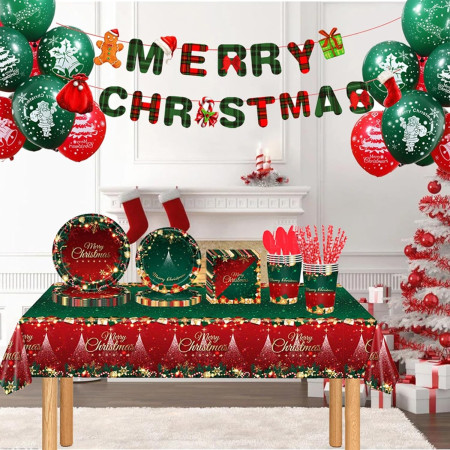 Set 119 Piese, Cyrax, pentru Masa de Craciun, Farfurii 18 cm, Farfurii 23 cm, Pahare, Servetele, Tacamuri, Fata de Masa, Ghirlanda, Paie, Rosu/Verde