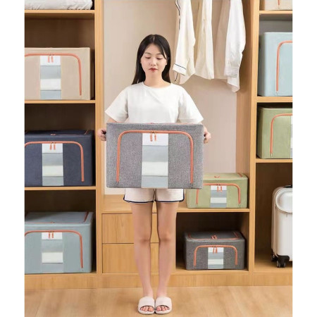 Cutie de Depozitare Pliabila,  24 L, din Bumbac si In, 40x30x20 cm, Fereastra Frontala, 2 Usi de Acces cu Fermoar Bidirectional, Cadru Metalic, Suport Baza Stabil din Plastic, Verde