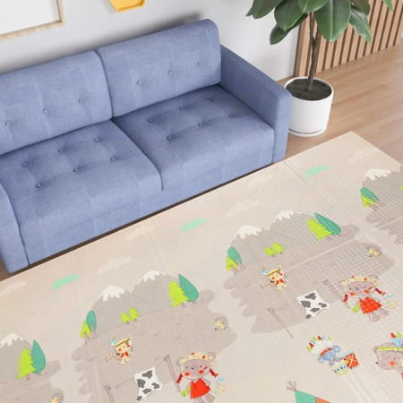 Covoras pentru Copii, Cyrax, cu 2 Fete, Model Maimute/Indieni, din XPE+PE, Impermeabil, Antiderapant, Protectie Termica, +3 Luni, Pliabil, 150 x 200 x 1 cm, Multicolor