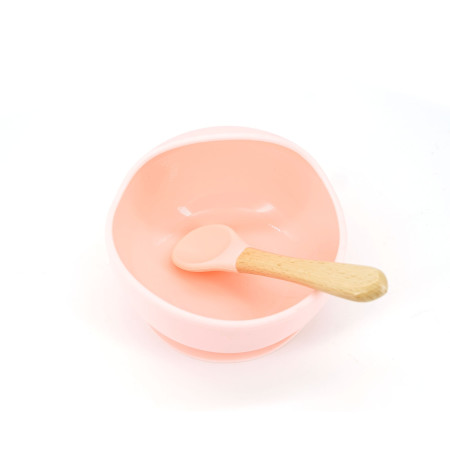 Set 2 piese diversificare bebelusi si copii din silicon Cyrax, bol cu ventuza, lingurita din lemn si silicon, pentru gustari, fara alergeni, roz