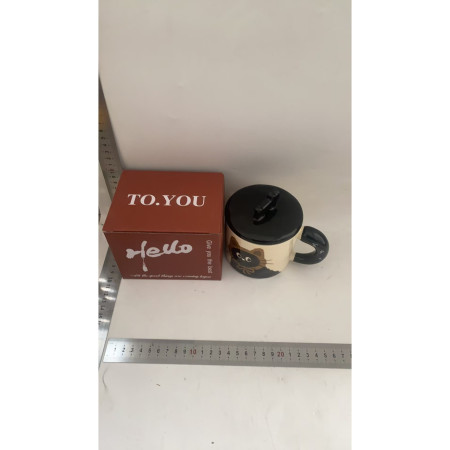 Cana din Ceramica, Cyrax, Model in Cutie pentru Cadou, Cana pentru Ceai, Cafea, Cana Retro Design Capac cu Figurina 3D, 9.5 x 8 x 8 cm, 360 ml, Bej, Print Pisica Maro Negru