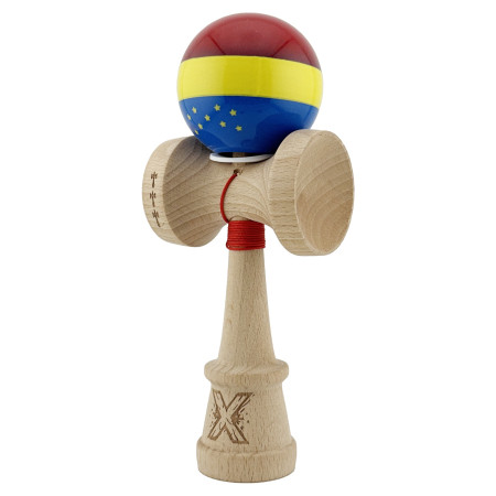 Kendama X Originala, Profesionala, Cyrax, Tricolor Edition cu Stele, Super Sticky cu Cupe Mari KING SIZE V3, Rulment Metalic si Gaura in Baza, din Lemn 18 cm, Ata 62/65 cm, Multicolor