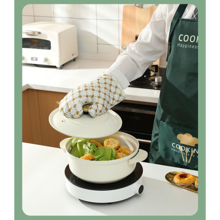 Set 2 manusi cuptor Cyrax, manusa de bucatarie,  rezistenta 330 grade, textil si cauciuc, 26.5x18 cm, alb