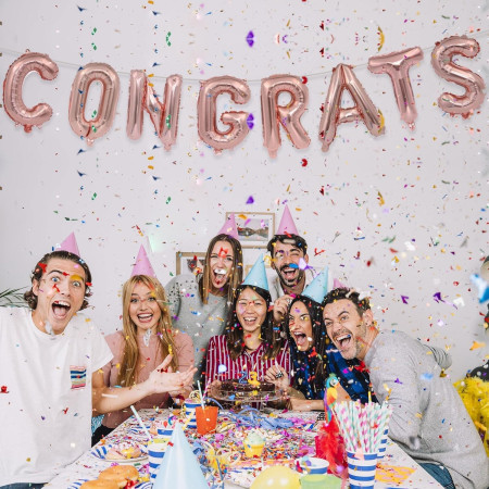 Set 8 Baloane din Folie Metalizata, Cyrax, Model Scris Congrats, Litere de 40 cm, Tema Absolvire, Baloane Party, Ambalaj Individual, Pai Inclus, Umflare cu Aer sau Heliu, Roz