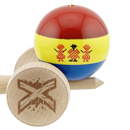 Kendama X Originala, Profesionala, Cyrax, Tricolor Edition Stil Romanesc, Super Sticky cu Cupe Mari KING SIZE V3, Rulment Metalic si Gaura in Baza, din Lemn 18 cm, Ata 62/65 cm, Multicolor