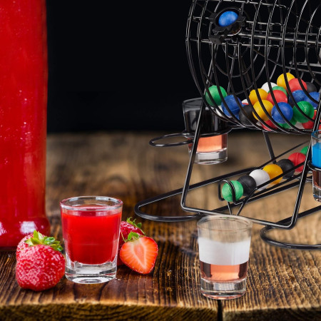 Joc Mini Loterie Cyrax, Bingo, cu Pahare de Shot din Sticla, 20 x 20 x 19 cm, 48 Bile, Negru