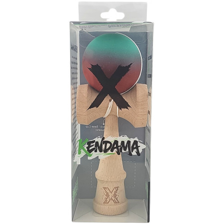 Kendama X Originala, Profesionala, Cyrax, din Lemn, Rubber Grip, 18 cm, Rosu/Verde
