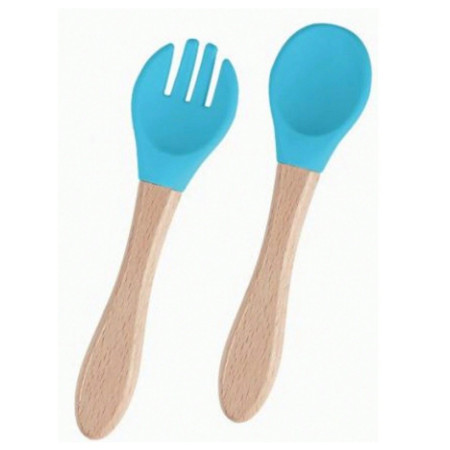 Set 10 Piese Servire Masa. Cyrax, pentru Bebelusi si Copii, din Silicon/Lemn, cu Ventuze Anti-alunecare, fara Alergeni. +6 Luni, Model Elefant, Albastru