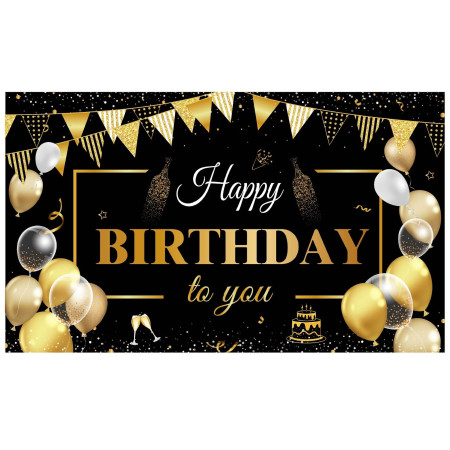 Banner Tip Fundal pentru Poze, Cyrax, din Panza, Model Happy Birthday to You, 185 x 110 cm, Sfoara 6 m, Prindere in 4 Colturi, Negru/Auriu