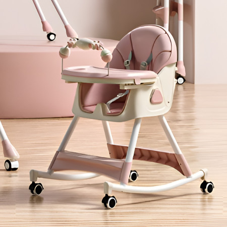 Scaun de Masa pe Roti pentru Copii, Cyrax, 2 Tavite si Husa Detasabile, Multifuncțional, Stabil, Centura de Siguranta, Spatar Reglabil Moale, Balansoar, Cos de Depozitare, de la 6 Luni, Roz