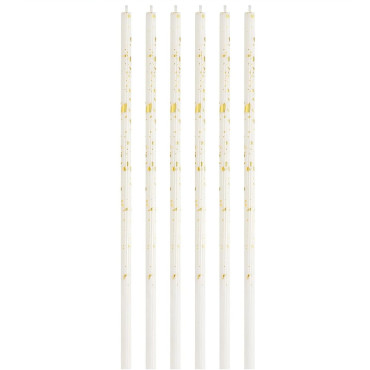 Set 6 Lumanari Lungi, Cyrax, din Parafina, 10 x 0.5 cm, Happy Birthday, Alb/Auriu