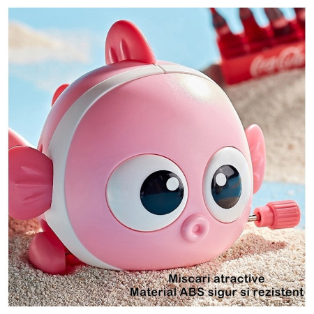 Jucarie mecanica pentru copii Cyrax, pestisor haios, cu cheita, distractiv, se taraste, se misca, 11 x 9 x 7.5 cm cm, roz