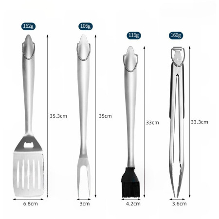 Set 4 ustensile pentru gratar Cyrax, din otel inoxidabil, cu agatatoare, rezistente la temperaturi ridicate, argintiu