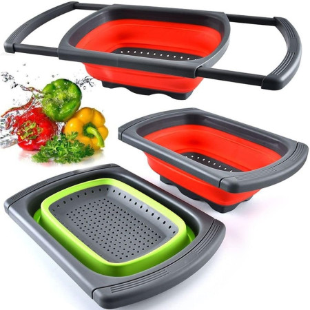 Cos de Scurgere Retractabil pentru Chiuveta, Cyrax, cu Filtru, pentru Fructe si Legume, de Uz Casnic, 39x12 cm, Design Extensibil pana la 61 cm, cu Manere de Prindere, Rosu