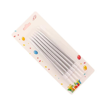 Set 6 Lumanari de Tort, Cyrax, din Parafina, 11 x 0.4 cm, Lucioase, Argintiu