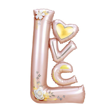 Balon din Folie Metalizata, Cyrax, Figurine, Model LOVE, Tematica Iubire, 110x64 cm, Ambalaj Individual, Pai Inclus, Umflare cu Aer sau Heliu, Roz Deschis