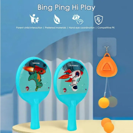 Set 2 Palete de Tenis de Masa, Cyrax, pentru Copii, Design Animat, Tematica Astronauti, Accesoriu de Agatat Inclus si 2 Mingi, Albastru
