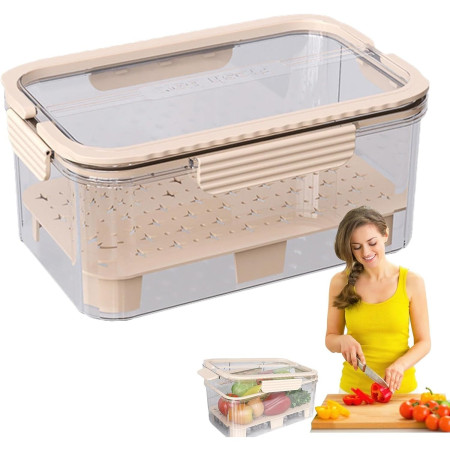 Cutie pentru Depozitare Alimente, Cyrax, de Uz Casnic, 2 Compartimente, Zona pentru Gheata, Mentinere Fresh, cu Maner, Material PET, 23x15x10.8 cm, Bej