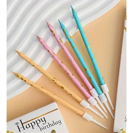 Set 6 Lumanari Lungi, Cyrax, din Parafina, 10 x 0.5 cm, Happy Birthday, Roz