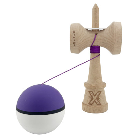 Kendama X Originala, Profesionala, Cyrax, Cupe Mari KING SIZE V3, Rubber Grip, Gaura in Baza, Rulment Metalic, din lemn 18 cm, Ata 62/65 cm, S Bicolor Mov/Alb