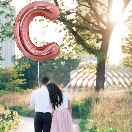 Balon Folie Metalizata Litera C, Cyrax, 80 cm, Umflati cu Heliu sau Aer, Ambalaj Individual, Pai inclus, Rose Gold