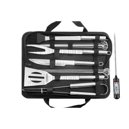 Set 14 Ustensile pentru Gratar cu Termometru, Cyrax, din Otel Inoxidabil, Geanta Oxford, Argintiu