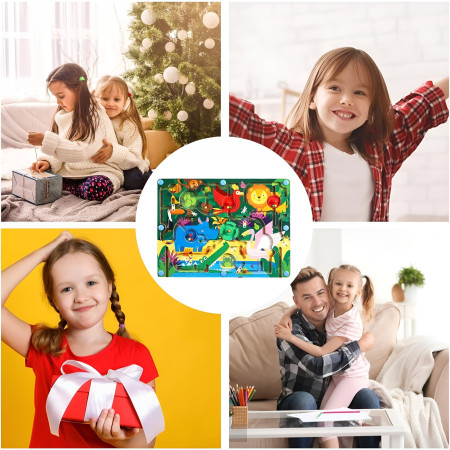 Joc Montessori de Sortare Culori, Cyrax, Creion Magnetic, Tip Labirint Ilustrat, din Lemn, Model Animale Salbatice, 39x29x1.5 cm