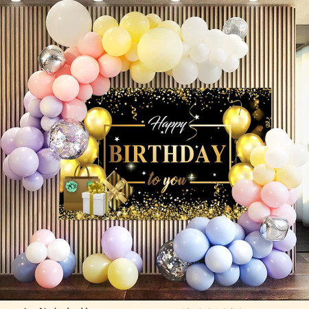 Banner Tip Fundal pentru Poze, Cyrax, din Panza, Model Happy Birthday to You, 185 x 110 cm, Sfoara 6 m, Prindere in 4 Colturi, Negru/Auriu