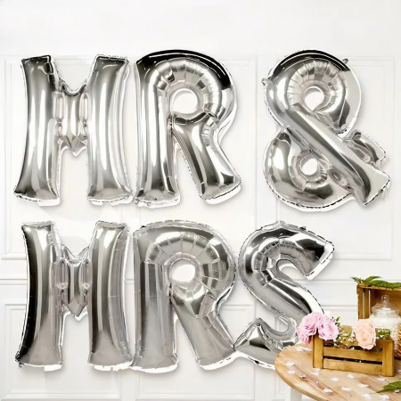 Set Baloane din Folie Metalizata, Cyrax, Figurine Litere, Model MR&MRS, Tema Nunta, 40 cm, Baloane Party, Ambalaj Individual, Pai inclus, Umflare cu Aer sau Heliu, Argintiu