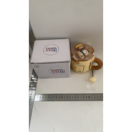 Cana din Ceramica, Cyrax, Model Urs pentru Baieti, Cana Universala, Cana pentru Ceai, Cana cu Lingura Metalica si Capac, 9.6 x  9.5 x 9.5 cm, 400 ml Bej