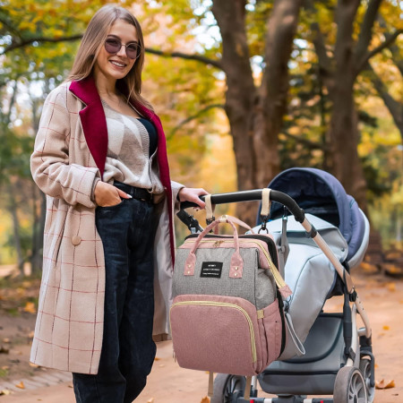 Rucsac Multifunctional pentru Mamici, Cyrax, din Panza Oxford, Compartimentare Multipla, Impermeabil, 43 x 18 x 26 cm, Roz/Gri