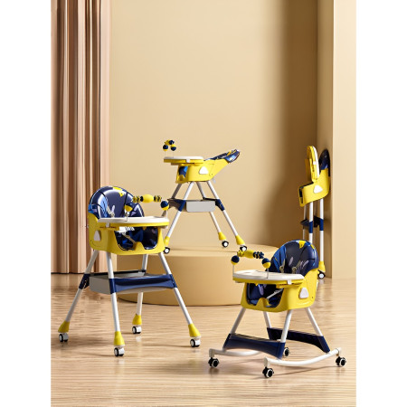 Scaun de Masa pe Roti pentru Copii, Cyrax, 2 Tavite si Husa Detasabile, Multifuncțional, Stabil, Centura de Siguranta, Spatar Reglabil Moale, Balansoar, Cos de Depozitare, de la 6 Luni, Galben