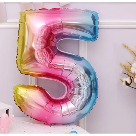 Balon din Folie Metalizata Cyrax, Figurina Cifra, Tema Aniversare 40 cm, Ambalaj Individual, Pai inclus, Umflare cu Aer sau Heliu, Multicolor, Cifra 5