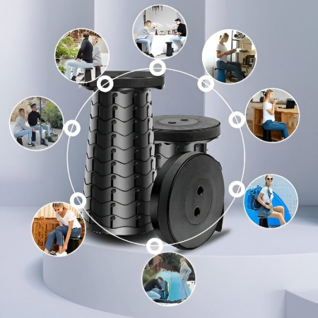 Scaun Telescopic Pliabil pentru Camping si Pescuit,  Portabil, Universal, Sustine 150 kg, ABS, Diametru 25 cm, Extensibil, Inaltime 45 cm, Negru