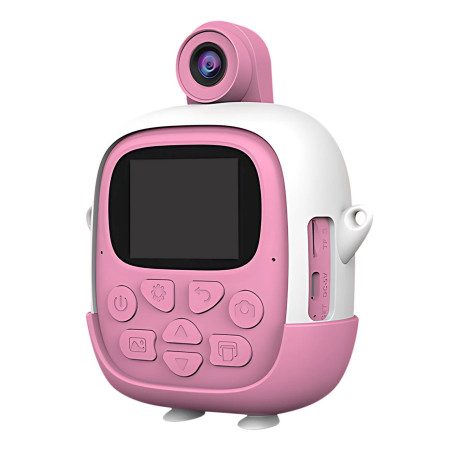 Set Camera Instantanee pentru Copii, Cyrax, Ecran HD 2.4'', 24MP, 720P Video, 1200 mAh, cu Functie de Printare Alb-Negru, cablu USB-C, Bluetooth, Compatibil iOS/Android, Imprimare APP, Model Iepure Emoji, Roz