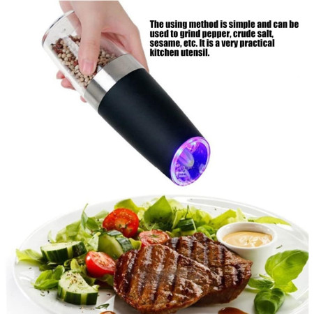 Set de 2 Rasnite electrice de Sare si Piper, Cyrax, cu Camere Depozitare Transparente, Macinare, Functionare pe Baterii, cu Lumina, ABS, 20x6.5 cm, Negru/Transparent