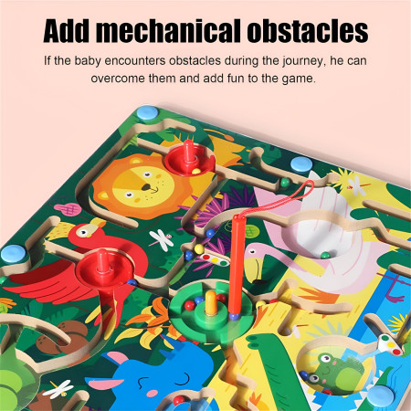 Joc Montessori de Sortare Culori, Cyrax, Creion Magnetic, Tip Labirint Ilustrat, din Lemn, Model Animale Salbatice, 39x29x1.5 cm