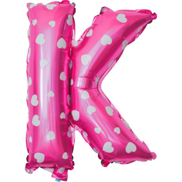Balon Folie Metalizata Litera K, Cyrax, 40 cm, Cu Imprimeu Inimioare, Umflati cu Heliu sau Aer, Ambalaj Individual, Pai inclus, Roz