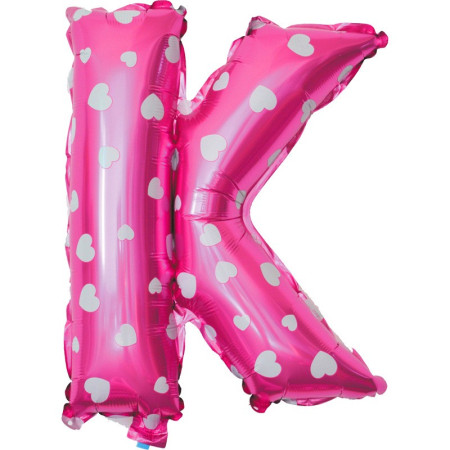 Balon Folie Metalizata Litera K, Cyrax, 40 cm, Cu Imprimeu Inimioare, Umflati cu Heliu sau Aer, Ambalaj Individual, Pai inclus, Roz
