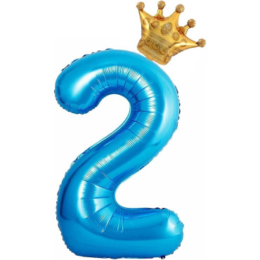 Balon din Folie Metalizata Cyrax, Figurina Cifra si Coroana, Tema Aniversare 100 cm, Ambalaj Individual, Pai inclus, Umflare cu Aer sau Heliu, Albastru, Cifra 2
