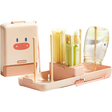 Set 7 Piese de Spalat/Uscat Biberoane, Cyrax, Portabil, Peri de Silicon, pentru Tetine, Suzete, Biberoane, Paie, Cutie Inclusa, 16.8 x 12 x 5 cm, Model Porcusor, Roz