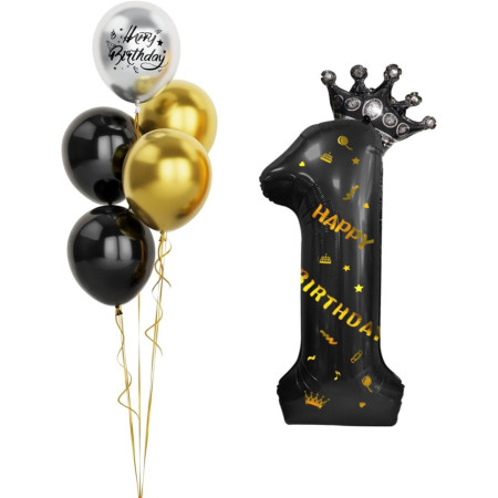 Balon din Folie Metalizata Cyrax, Figurina Cifra si Coroana, Scris Happy Birthday, Tema Aniversare 100 cm, Ambalaj Individual, Pai inclus, Umflare cu Aer sau Heliu, Negru, Cifra 1