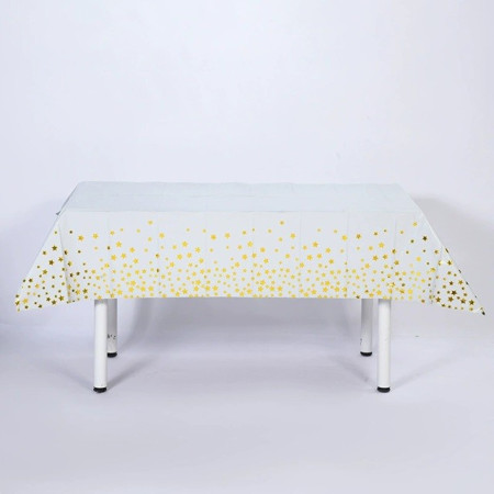 Fata de Masa, Cyrax, din Folie, Imprimeu Stele Aurii, Impermeabila, 137 x 183 cm, Alb