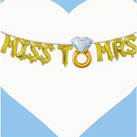 Set Baloane din Folie Metalizata, Cyrax, Model Miss to Mrs cu Inel de Logodna, Litere de 40 cm, Tema Iubire, Baloane Party, Ambalaj Individual, Pai Inclus, Umflare cu Aer sau Heliu, Auriu