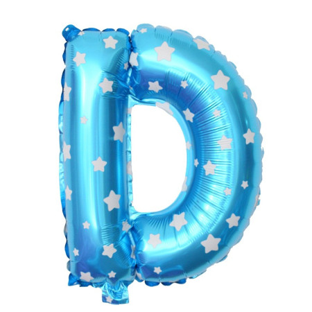 Balon Folie Metalizata Litera D, Cyrax, 40 cm, Cu Imprimeu Stelute, Umflati cu Heliu sau Aer, Ambalaj Individual, Pai inclus, Albastru