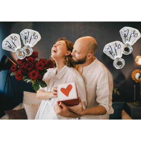 Balon din Folie Metalizata, Cyrax, Figurina Inel de Logodna, Model Diamant, Tema Nunta, 60 cm, Ambalaj Individual, Pai Inclus, Umflare cu Aer sau Heliu, Alb