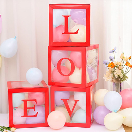 Set 4 Cutii pentru Baloane, Cyrax, Model Scris Love, Tematica Iubire, Cuburi Decorative din Plastic, Accesorii pentru Petrecere, 30x30 cm, Transparente Contur Rosu