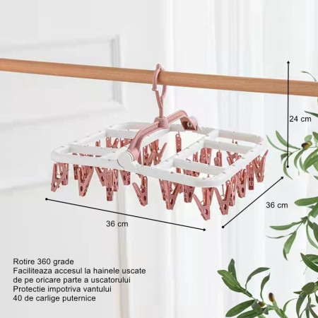 Uscator de Rufe Suspendat  cu 40 Carlige, Rotire 360 Grade, Protectie Vant, Pliabil, Patrat, Mateiral Plastic, Usor de Depozitat, Multifunctional, 36 x 24 cm, Alb/Roz