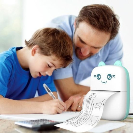 Mini Imprimanta Foto Portabila, Cyrax, Incarcare USB, Bluetooth, Model Ursulet, 12 x 9 x 5 cm, Alb Albastru